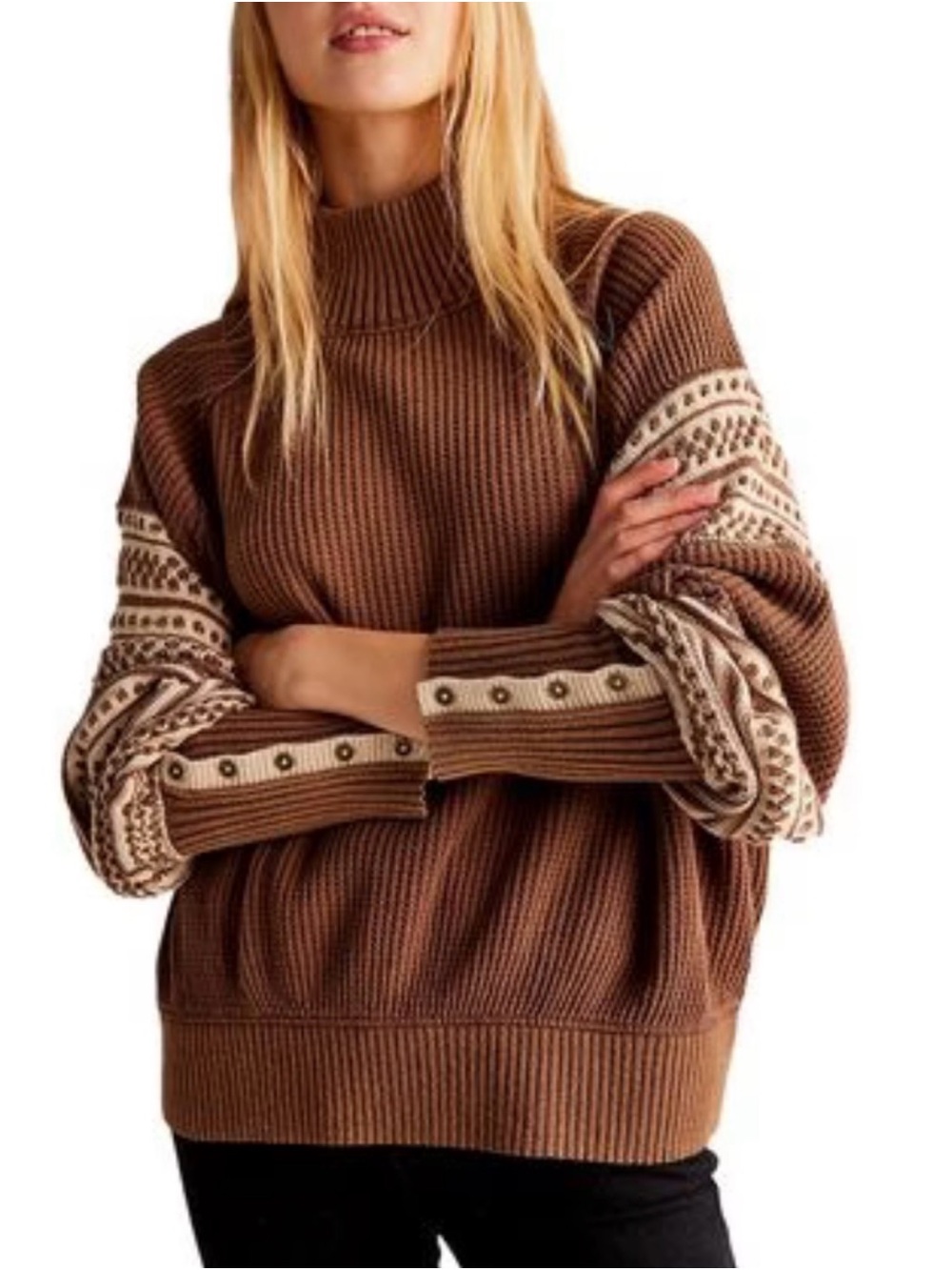 We The Free Brown Fair Isle Mock Neck Sweater Get Cozy